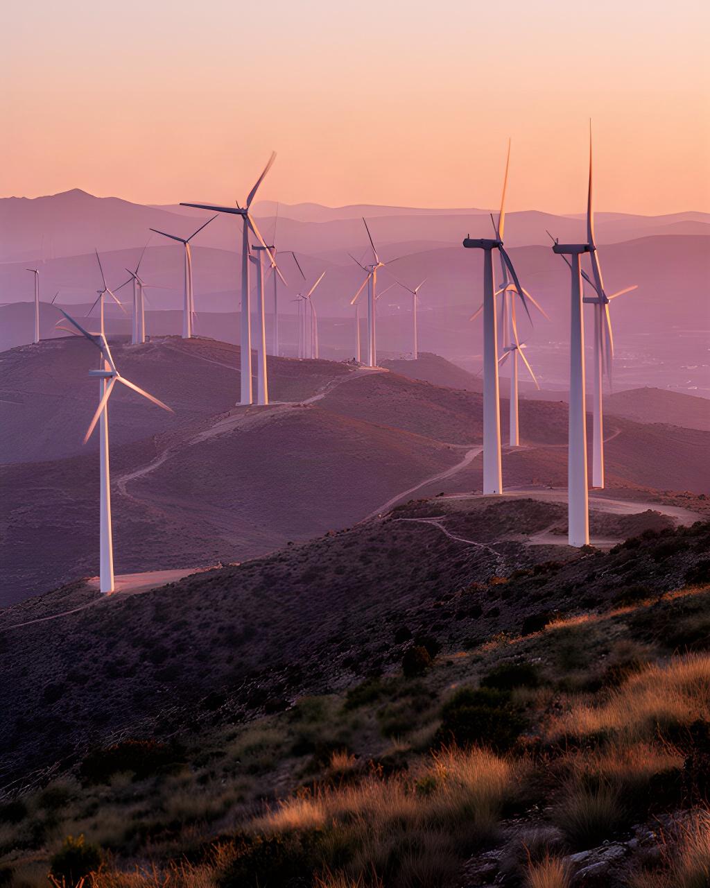 Parque eólico con aerogeneradores blancos sobre una sierra andaluza al atardecer
