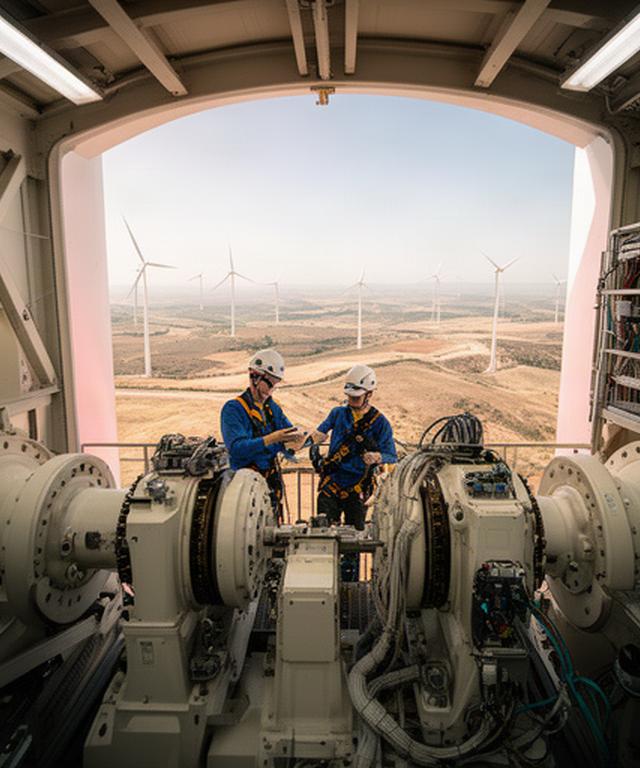 Técnicos trabajando en la góndola de un aerogenerador en un parque eólico de Andalucía