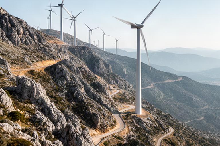 Turbinas eólicas VientoSur en una ladera rocosa del Parque Eólico Sierra Morena en Córdoba