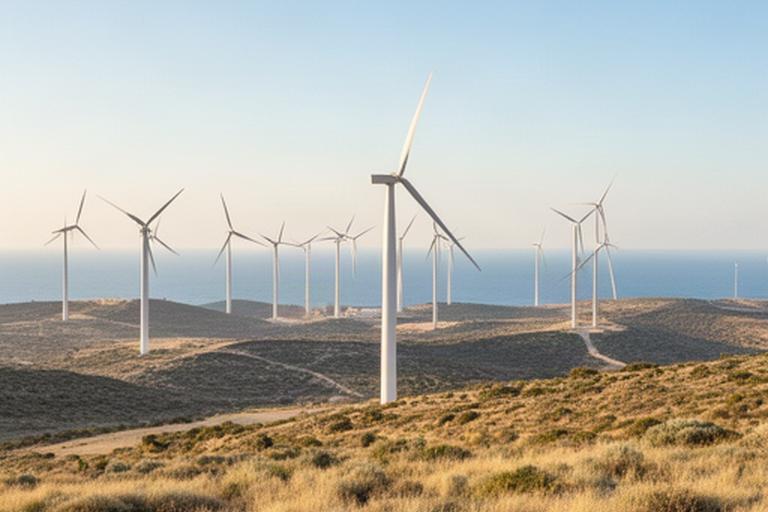Aerogeneradores VientoSur instalados en el Parque Eólico Costa de la Luz cerca de Sanlúcar de Barrameda