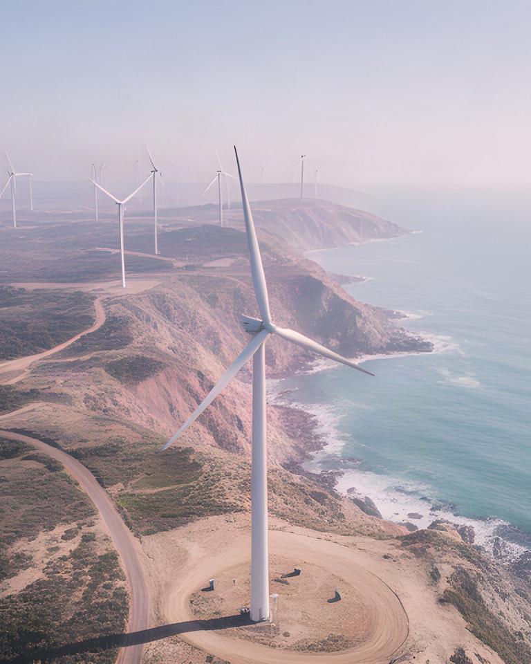 Parque eólico visto desde el aire con aerogeneradores blancos en funcionamiento sobre un paisaje costero
