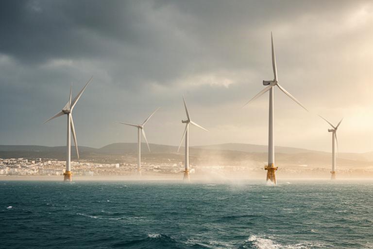 Aerogeneradores marinos VientoSur frente a la costa de Cádiz durante un proyecto piloto offshore